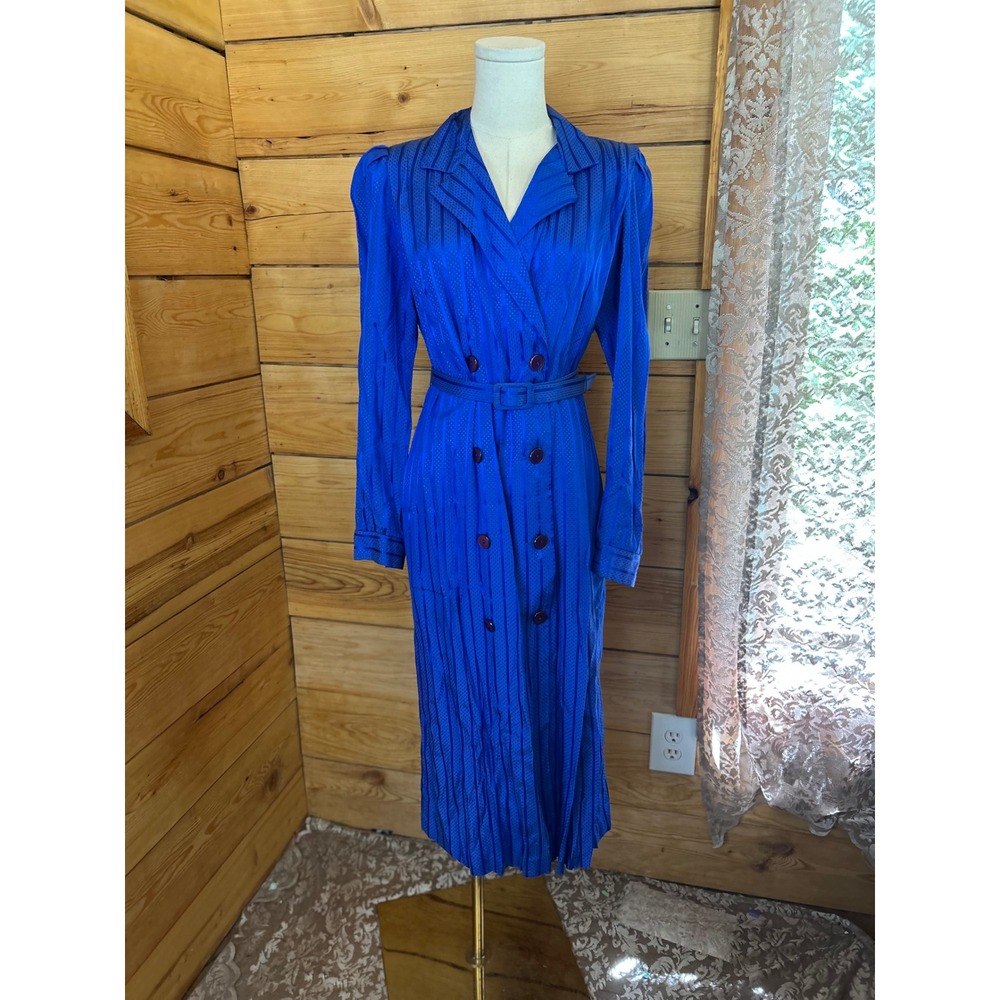 Vintage Midi Dress Womens Size 12 Royal Blue Pleated Belted 80s CJ Selections